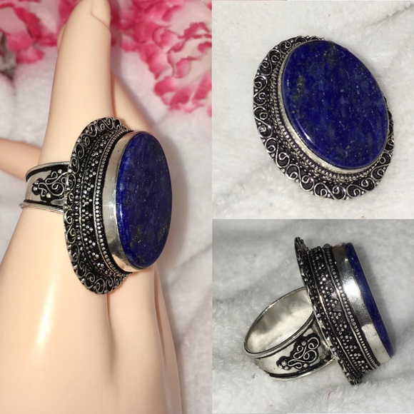 Natural Lapis Lazuli Gemstone Handmade Halo Ring - Picture 4 of 6
